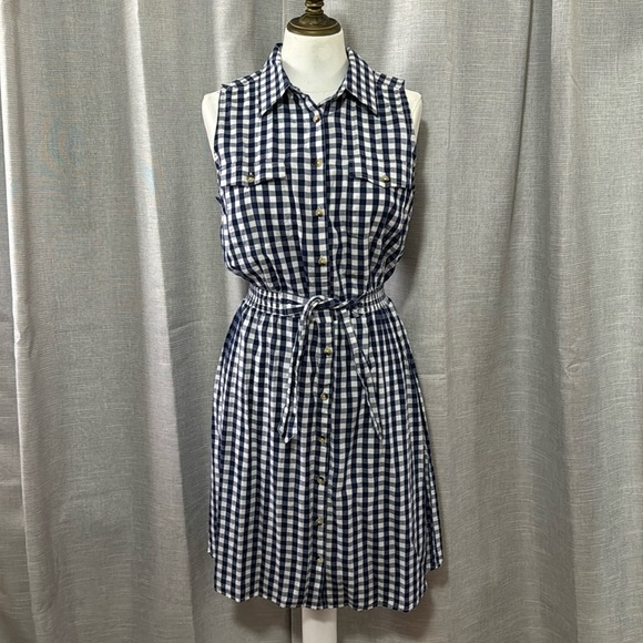 NWT Summer Vibes Dress-S-Cotton-Blue & White Gingham Print-Elastic Waist-Buttons - Picture 2 of 14